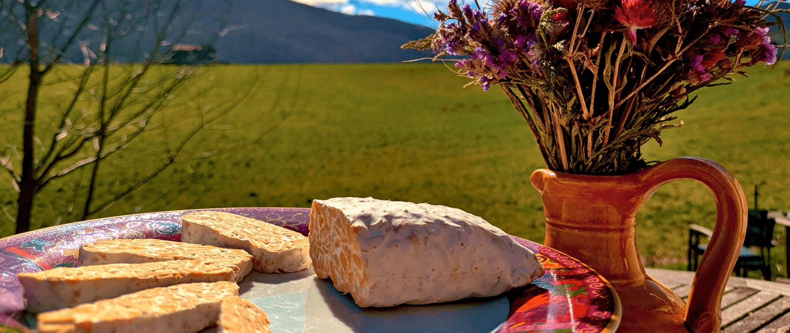 Tempeh Henricot servi sur une table devant les Pyrénées